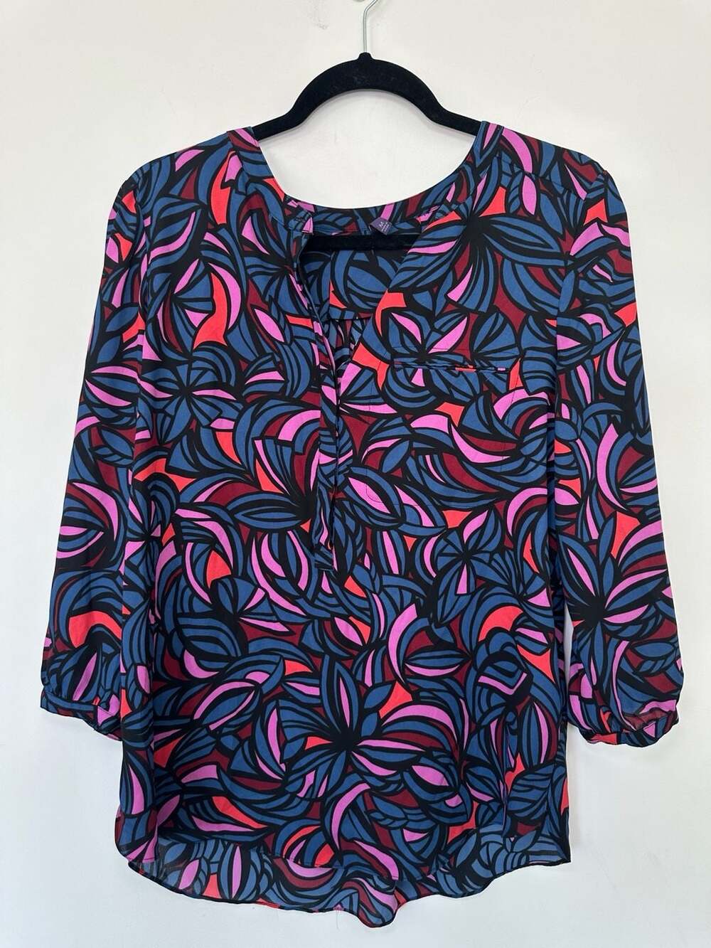 NYDJ Blue Black Pink Abstract Floral V-Neck 3/4 Sleeve Blouse Size M